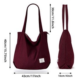 KALIDI Thicken Corduroy Totes Bag Extra Large Capacity Handbags Shoulder Bags with Zipper Cord Tote Bag for Women Ladies Girls Casual Shopping Bag for Work School College Daily Use (Burgundy)