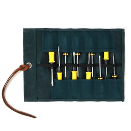 Tool Roll Up Pouch, Heavy Duty 16oz Waxed Canvas Small Tool Roll, Multi-Purpose Chisel Pouch - 10 Pockets & 1 Tie Rope | Dark Green | 14"L x 9"W