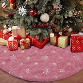 tiosggd Pink Christmas Tree Skirt 48 Inch Pink Faux Fur with Silver Sequins Snowflakes Christmas Tree Mat for Holiday Christmas Winter New Year Home Decor