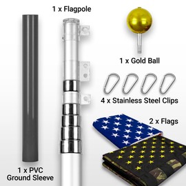 G128 Combo Pack: 25 Ft Telescoping Aluminum Flagpole (Silver) & American and USA Camouflage Flags 3x5 Ft, Both ToughWeave Series Embroidered Polyester | Pole with Flags Included