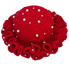 Hshsclth Women Starry Pearl Crochet Hat Handmade Beaded Trim Knitted Bucket Hats Solid Color Fashion Ruffled Brim Bucket Hat (US, Alpha, One Size, Red)