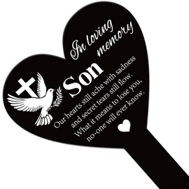 GLOBLELAND Heart Shaped Commemorative Son Garden Stake Peace Dove Memorial Remembrance Plaque for Cemetery Acrylic Grave Stake Waterproof Cross Blessing Garden Plaque for Yard Grave Cemetery