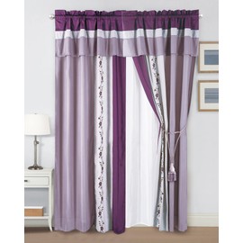 Chezmoi Collection Linnea 4-Piece Luxury Purple/Lavender/Gray Cherry Blossom Floral Embroidery Window Curtain Panel Set with Sheer Backing Valance Tassels, 120 inch x 84 inch