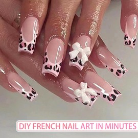 RUPOFUZA French Gel Nails - Colorful French Tip Press on Nails, Press on Nails Square, Soft Gel Skin Tones Long False Nails 150pcs -15Sizes Artificial Fake Nails Stick on Nails for Women(Long-A)