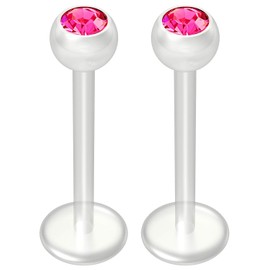 2pc 16g 1.2mm Rose Pink Crystal Bioplast Labret Bar Flexible Lip Stud BioFlex Monroe Ring Jewellery 12mm