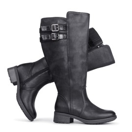 Chicblooms Women's Extra Wide Calf Stacked Buckle Hidden Stretch Block Heel Knee High Boots,Black PU,6.5 M US