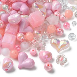 KitBeads 180pcs Random Acrylic Pink Assorted Beads Mixed Random Styles Candy Color Pastel Plastic Bowtie Heart Round Beads for Jewelry Making Bulk