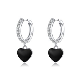 SLUYNZ Sterling Silver CZ Black Heart Hoop Earrings for Women Teens Small Love Hoop Earrings Huggie Drop Earrings (A-Silver)