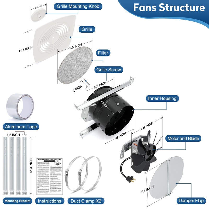 XABJU 505 8 Inch Bathroom Exhaust Fan 200 CFM with