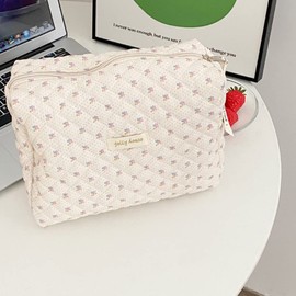Cotton Makeup Bag Large Travel Cosmetic Bag Quilted Cosmetic Pouch Coquette Aesthetic Floral Toiletry Bag, B-Beige, 9.4x6.7x3.54in