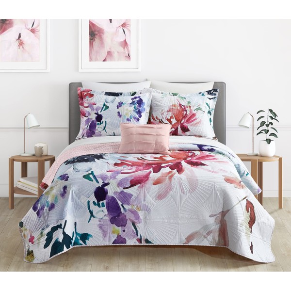 Chic Home Monte Palace 4 Piece Reversible Quilt Set Floral Watercolor Design Bedding - Decorative Pillow Shams Included, King,Multi Color