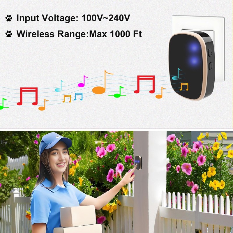 Wireless Doorbell, 400M Range Electronic Doorbell, Loud Enough with 5Volume