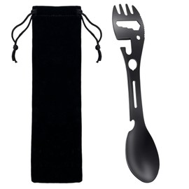 Travel Cutlery - Premium Stainless Steel Spork Outdoor Spoon Fork Bottle Can Opener 10 Functions 1 Design Reusable- Portable for Travel Eating Tool Easy to Store Cloth Case (Black)