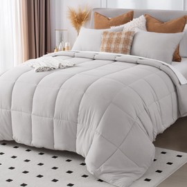 KASENTEX Queen Size Comforter Set 3 Piece,Seersucker Breathable Fabric,Lightweight Fluffy Down Alternative,Box Stitch Quilting, All Season Machine Washable with 2 Pillow Shams,Silver Grey