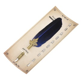 PATIKIL Feather Pen, 9.4 Inch Vintage Quill Pen Feather Dip Pen with 5 Pcs Replacement Nibs for Writing Calligraphy Wedding Signature Guest, Blue