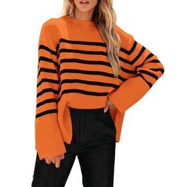 KIRUNDO Women's Striped Knit Oversized Fall Sweaters 2025 Trendy Clothes Crewneck Winter Pullover Sweater Side Split(Orange, Medium)