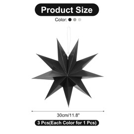 MECCANIXITY 3 Pcs Paper Star Lanterns 9-Pointed 12" Hanging Star Paper Lantern Hanging Lampshade for Christmas,Wedding,Graduation Party Supplies, Black, White, Gray
