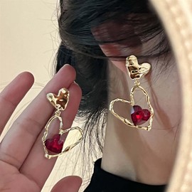 Inilbran Boho Ruby Heart Earrings Hollow Love Heart Drop Earrings Gold Crystal Gemstone Heart Earrings Geometric Love Heart Dangle Earrings Jewellery for Women and Girls, Zinc, No Gemstone
