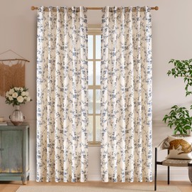 Lazzzy Blue Floral Linen Curtains 84 Inch Length Farmhouse Curtain Back Tab Drapes for Living Room Bedroom Light Filtering Vintage Rod Pocket Curtains, 2 Panels, Blue on Beige
