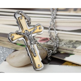 Flongo Men's Vintage Stainless Steel Silver Gold Jesus Christ Crucifix Cross Pendant Necklace, 22 inch Chain
