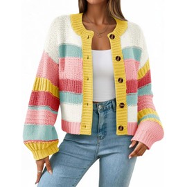 Saodimallsu Womens Striped Chunky Cardigan Sweaters Button Up Fall Trendy Color Block Long Sleeve Knit Sweater Coats Yellow
