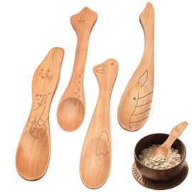 4Pcs Wooden Spoons, Flatware Baby Spoon Set Honey Coffee Tea Powder Spoon Serving Toddler Spoons for Cook Outdoor Restaurant
