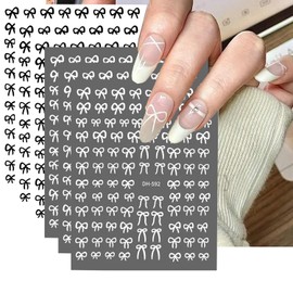 6 Sheets Designer Nail Art Stickers French Nail Decals Black White Bow Designs 3D Adhesive Bow Transfer Tape Slider Decals Foil Popular Bow Nail Art Decorations for Women Manicure Accessories