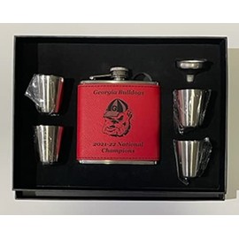 Georgia Bulldogs 2021-22 National Champions Red Flask w/ 4 shot glasses and funnel in presentation box