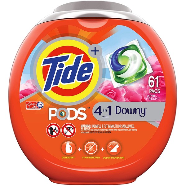Tide PODS Plus Downy 4 in 1 HE Turbo Laundry Detergent Pacs, April Fresh Scent, 61 Count Tub - Packaging May Vary