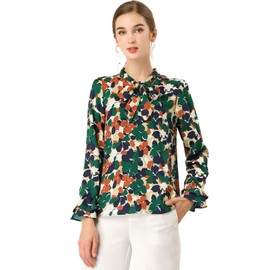 Allegra K Women's Long Sleeve Blouse Floral Tie Neck Chiffon Ruffle Trumpet Top Large Green