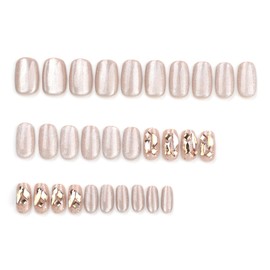 Cat' Eyes Press On Nails, Glue on Nails Stick on Nails Fake Nails, Short Square Almond Ballet Shape, False Nails on 24PCS (Champagne Diamond)
