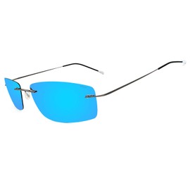RONSOU Ultra-lightweight Rimless Titanium Men's Fashion Polarized Sunglasses for Driving Outdoor Gray Frame Blue Lens (Mirrored)