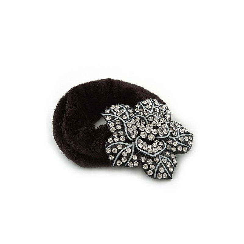 Black Tone Diamante 'Flower' Pony Tail Black Hair Scrunchie -