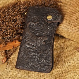 Le'aokuu Mens Genuine Leather Bifold Wallet Organizer Checkbook Iron Chain W1088 (W1088 Tiger Dark Brown)