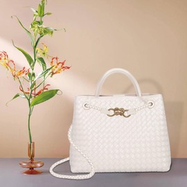 Woven Tote Bag for Women Crossbody Handbag,Vegan Leather Large Tote Purse,Trendy Satchel Handbag Bowknot Shoulder Bag-White