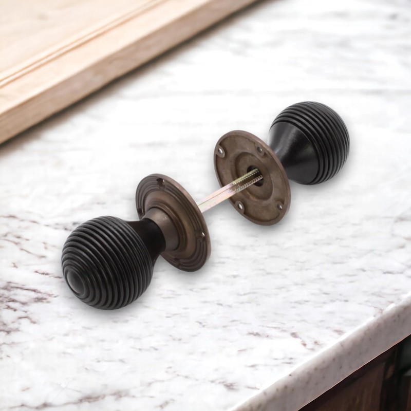 Infinity Decor Ebonised Wooden Beehive Rim Mortice Door Knobs Brass