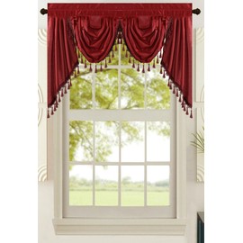 All American Collection New Attached Solid Faux Silk Double Waterfall Valance with Tails (55" x 32", Burgundy Valance)