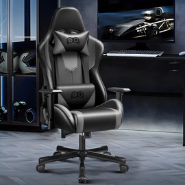 OneGame Gaming Chair Ergonomic, Racing Style PU Leather Game Chair, Adjustable Backrest Swivel Ergonomic Gamer Chair with Lumbar Support, Blackgray