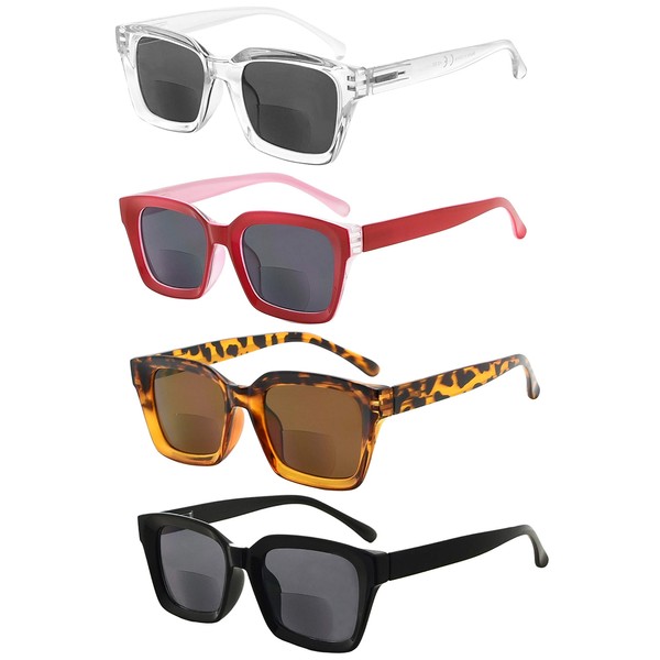 Eyekepper 4-packing Bifocal Sunglasses for Women Reading under the Sun Stylish Bifocal Readers Tinted Lens Oversize +2.00