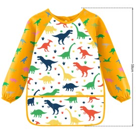 Children's Painting Apron 3-8 Years, Unicorn Dinosaur Craft Apron Children with 3 Pockets, Painting Coat School 1, Class Girls Boys, for School Crafts, Painting, Baking, Cooking, Length 58 cm, yellow
