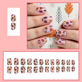 Thanksgiving Press on Nails Short Fall Fake Nails Nude Pink Full Cover Stick on Nails with Maple Leaves Pattern Designs Acrylic Square Nails Cute False Nails for Women Girls 24Pcs