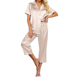 Ekouaer Womens Satin Pajamas Silk Capri Pjs 2 Piece Lounge Sets Short Sleeve Button Down Sleepwear Champagne Large
