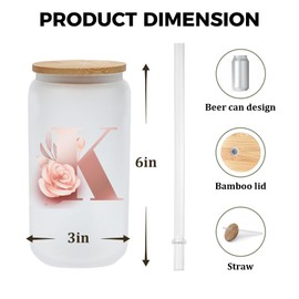 HIZEE 16 oz Monogrammed Can Glass Cups with Bamboo Lids and Straw 1 pack,Initial Letter Glass Cup for Iced Coffee Juice Soda - Customized Gifts for Women and Friends (Letter K)