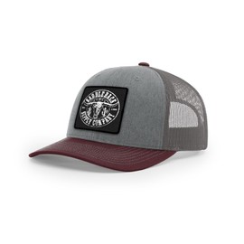 Saddleback Supply Desert Skull Patch-Six Panel Curved Bill Mesh Snapback Hats-OS-Heather Grey/Charcoal/Maroon