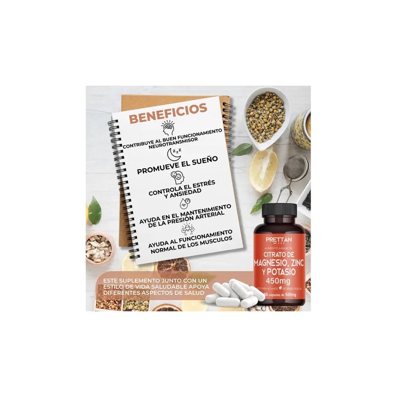 Citrato De Magnesio Zinc Y Potasio Prettan 90 Capsulas 500mg