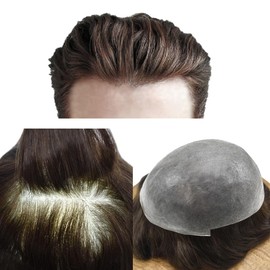 SINGA HAIR Super Thin Skin Mens Toupee 0.03mm Ultra Thin Skin Hair System For Men Human Hair Black Brown Blonde Gray V-looped Hairpiece Wig (8''x10'' 100% Light Density, 3# Dark Brown)