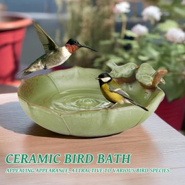 Wkyqes Ceramic Bird Bath Bowl for Outdoors, 9.45-Inch Ground & Tabletop Garden Decor, Weather-Resistant Birdbath for Deck, Balcony, Lawn - Easy Clean Bowl Only - Sage Color