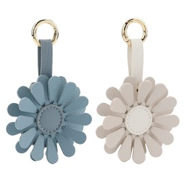 URIZZD Air Tag Keychain for Apple Airtags Holder, 2 Pack Flower Air Tag Cases, Leather Cover for AirTags Holder (Beige+Blue)
