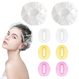 200 Pieces Disposable Shower Caps Waterproof 100 Pieces Transparent Earmuffs for Shower Ear Protection with Rubber Bands for Hair Color Docc