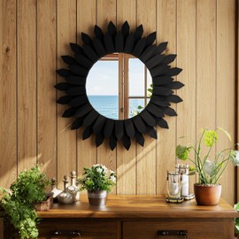 VETROVUE 20 Inch Black Boho Wall Decor Sunburst Mirror - Round Wooden Wall Decor, Handmade Rustic Circular Mirror for Living Room, Bedroom, Entryway, Office